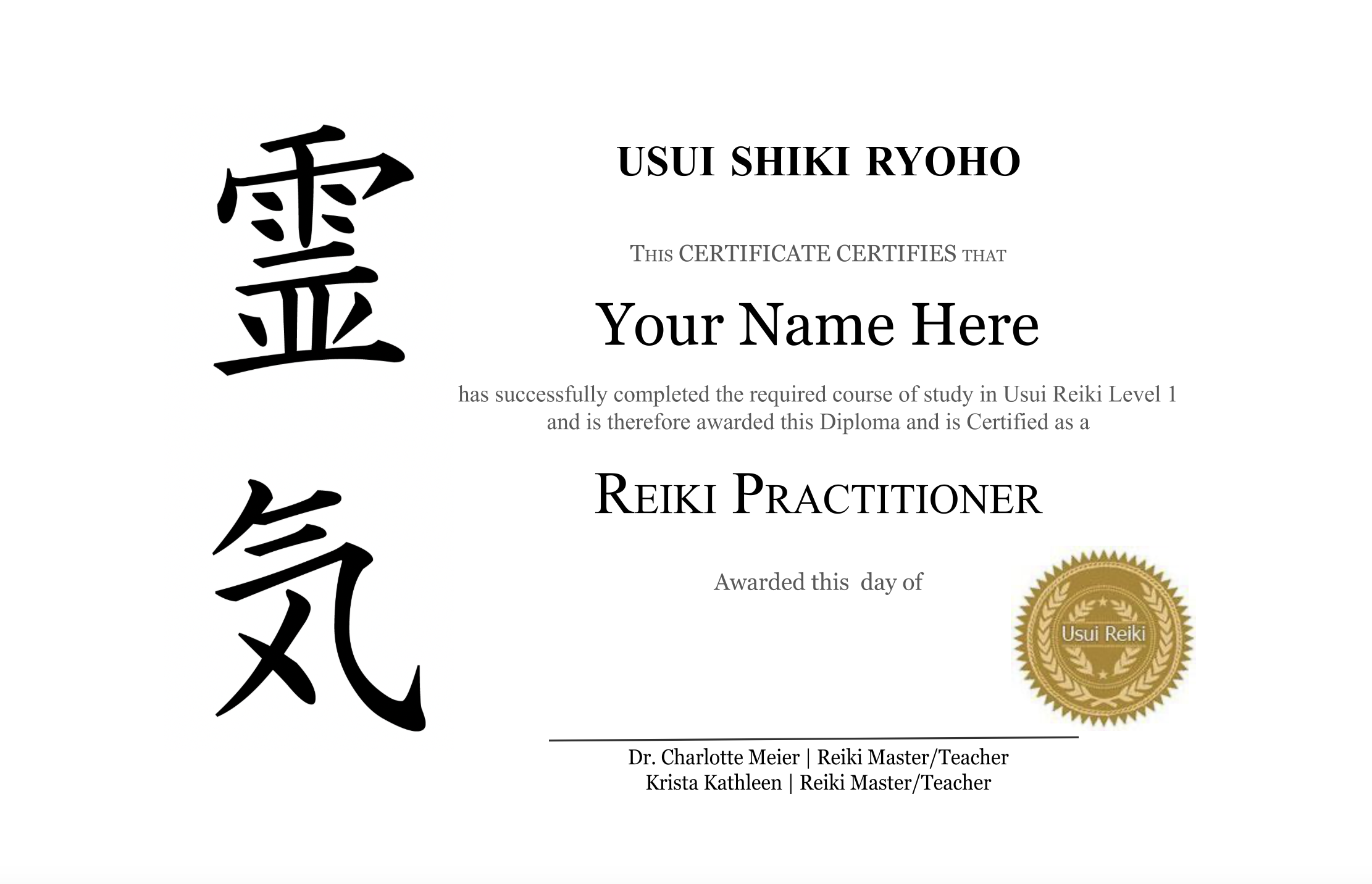 Certification badge for Level 1 Reiki, perfect for life coaches looking to expand their holistic coaching practices