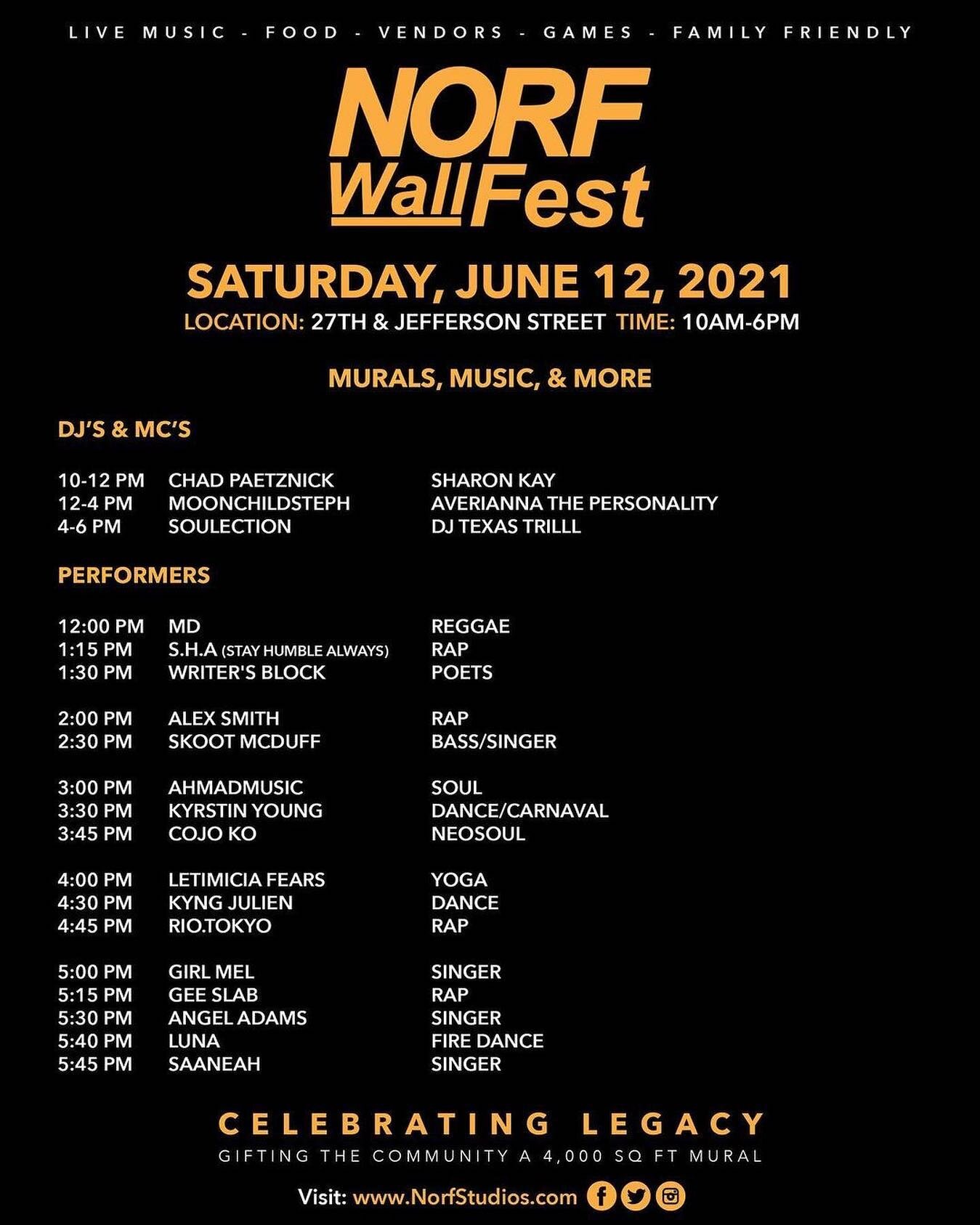 Repost&bull; @norfwallfest Zone 1: Murals, Music, and More LINEUP!
Zone 2: Food and Families (bring lawn chair)
Zone 3: Vendors
Zone 4: Kid Zone!! 

TODAY! OPEN TO THE PUBLIC

Norf Wall Fest
Saturday, June 12, 2021
Community Block Party 
10am-6pm

#n