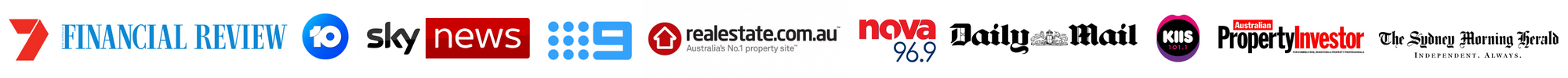 Collection of logos from Australian news and media companies, including 7, Financial Review, 10, Sky News, 9, Realestate.com.au, Nova 96.9, Daily Mail, KIIS 101.1, Property Investor, Sydney Morning Herald, and The Sydney Morning Herald.