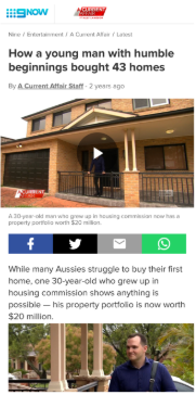 Screenshot of a news article titled 'How a young man with humble beginnings bought 43 homes,' showing a man in front of a house and a lower image of another man outdoors.