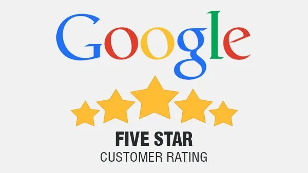 Google logo with five gold stars and the text "FIVE STAR CUSTOMER RATING" underneath.