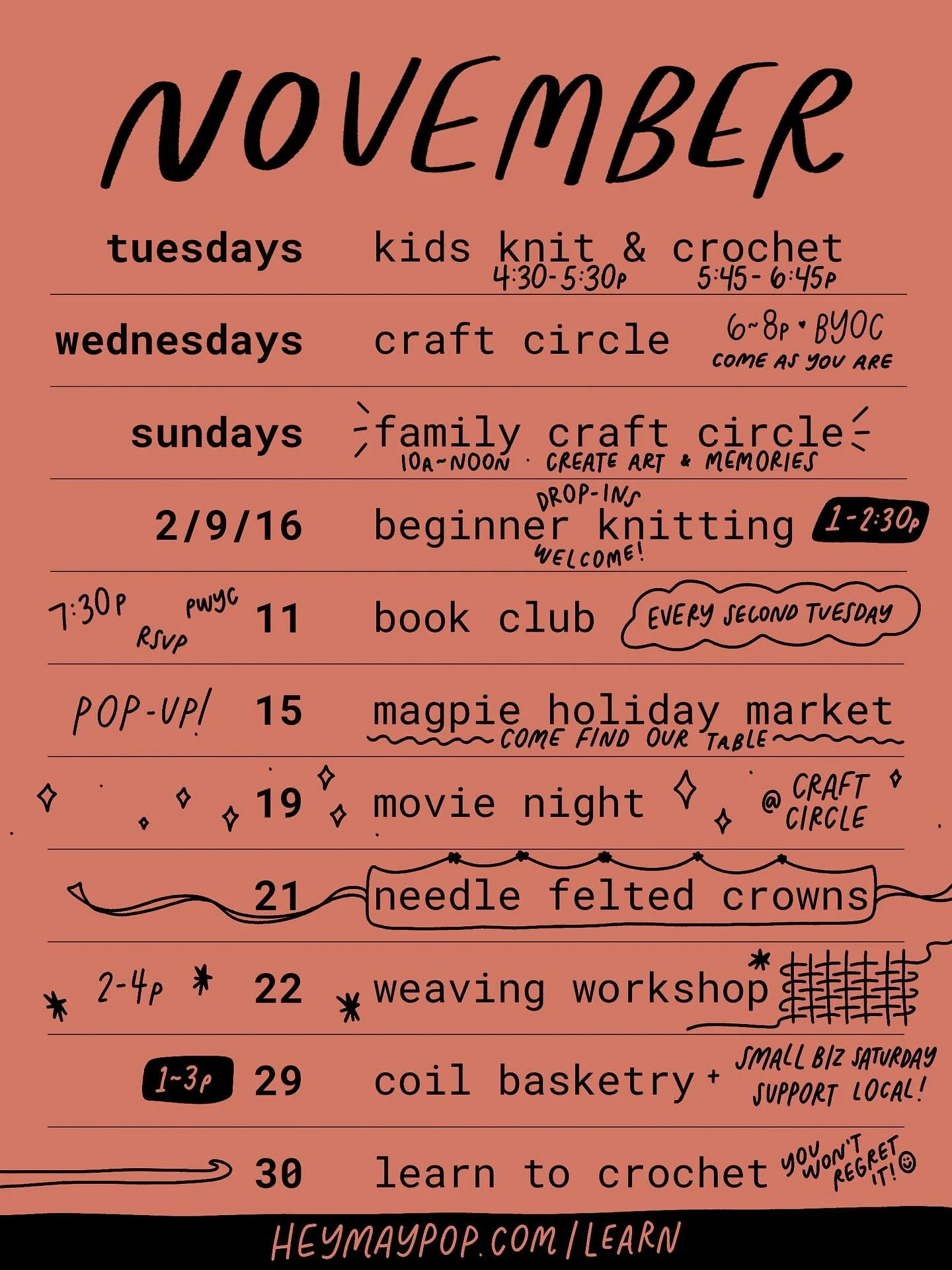 lots to see &amp; do at the studio this month! 

of course i created this cute little schedule and didn&rsquo;t realize until after i was finished that i left off one of the most important dates: our first mini camp! school&rsquo;s out, but handwork 