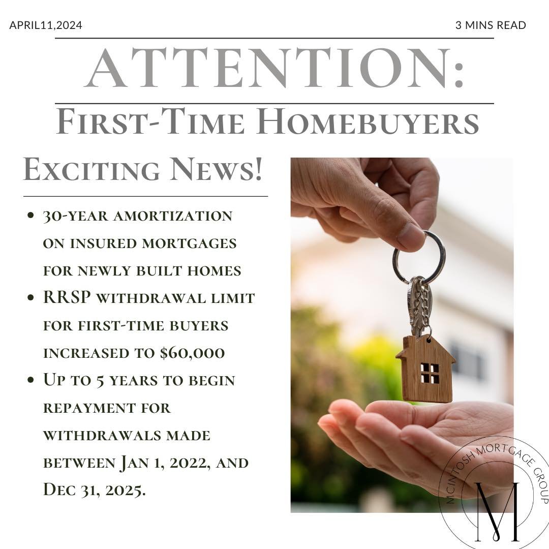 🏡 Exciting News for First-Time Homebuyers! 🎉
 
Starting August 1st, first-time homebuyers purchasing newly built homes will now have the option for 30-year amortization periods on insured mortgages. This means more flexibility and lower monthly pay