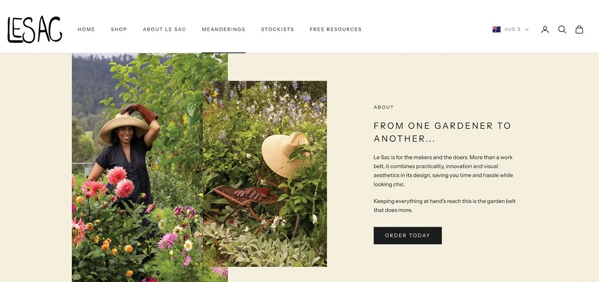 Screenshot of Le Sac website homepage featuring personal branding photography of founder Sahra alongside her product