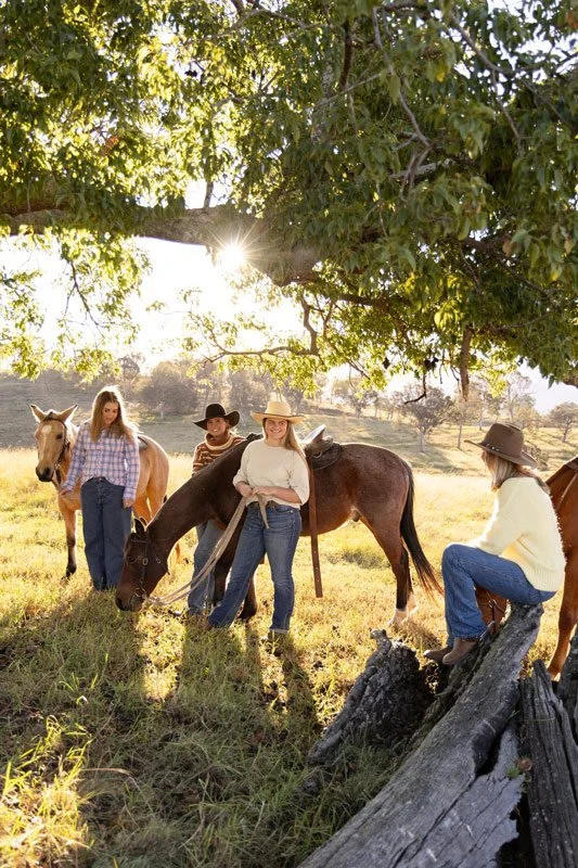 Personal brand photography for women in business, Sophie and Gen of Reins to Resilience with teenage girls and horses in golden afternoon light, Candelo NSW Bega Valley