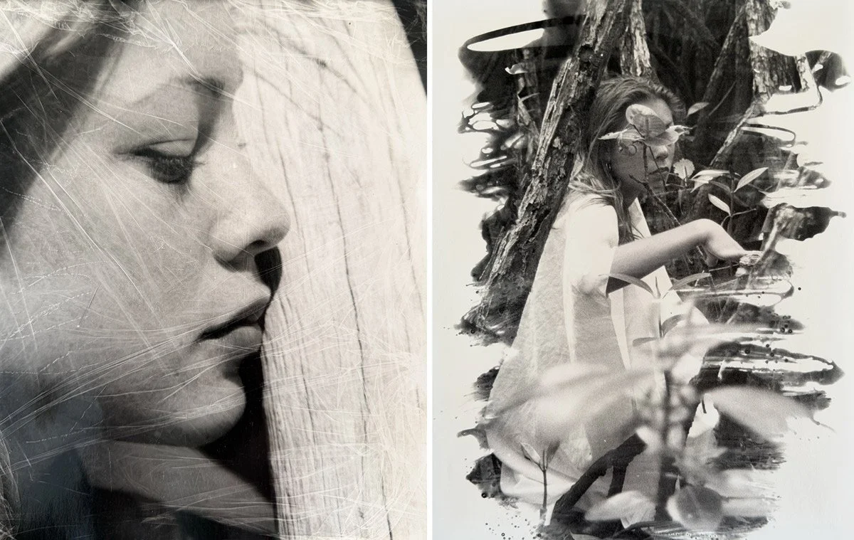 two black and white photos printed in the darkroom in high school, photographed by Honey Atkinson showing the human form embedded in nature.