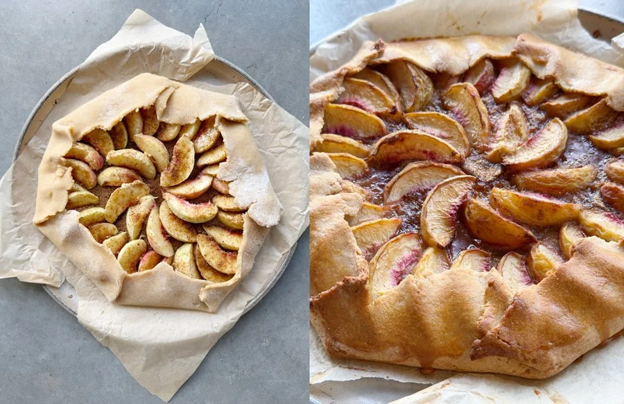 Homemade peach frangipane tart, rustic, home picked fruit, far south coast, nsw.