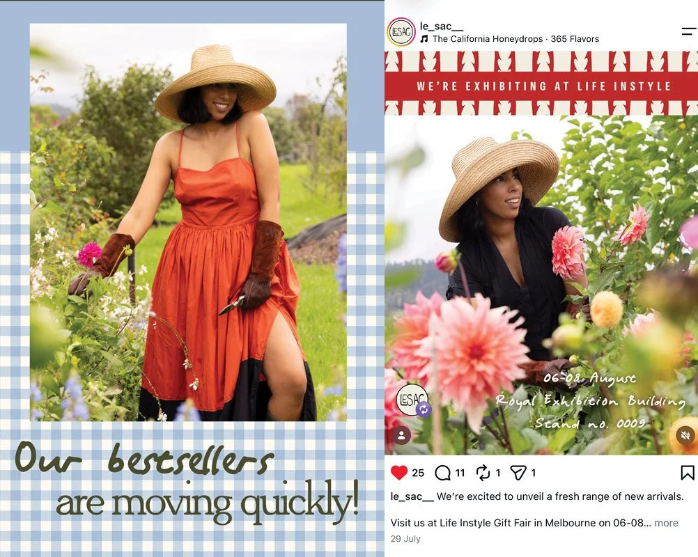 Screenshot pair showing Le Sac's email newsletter and Instagram post, both using the same garden photograph from her personal branding photography shoot