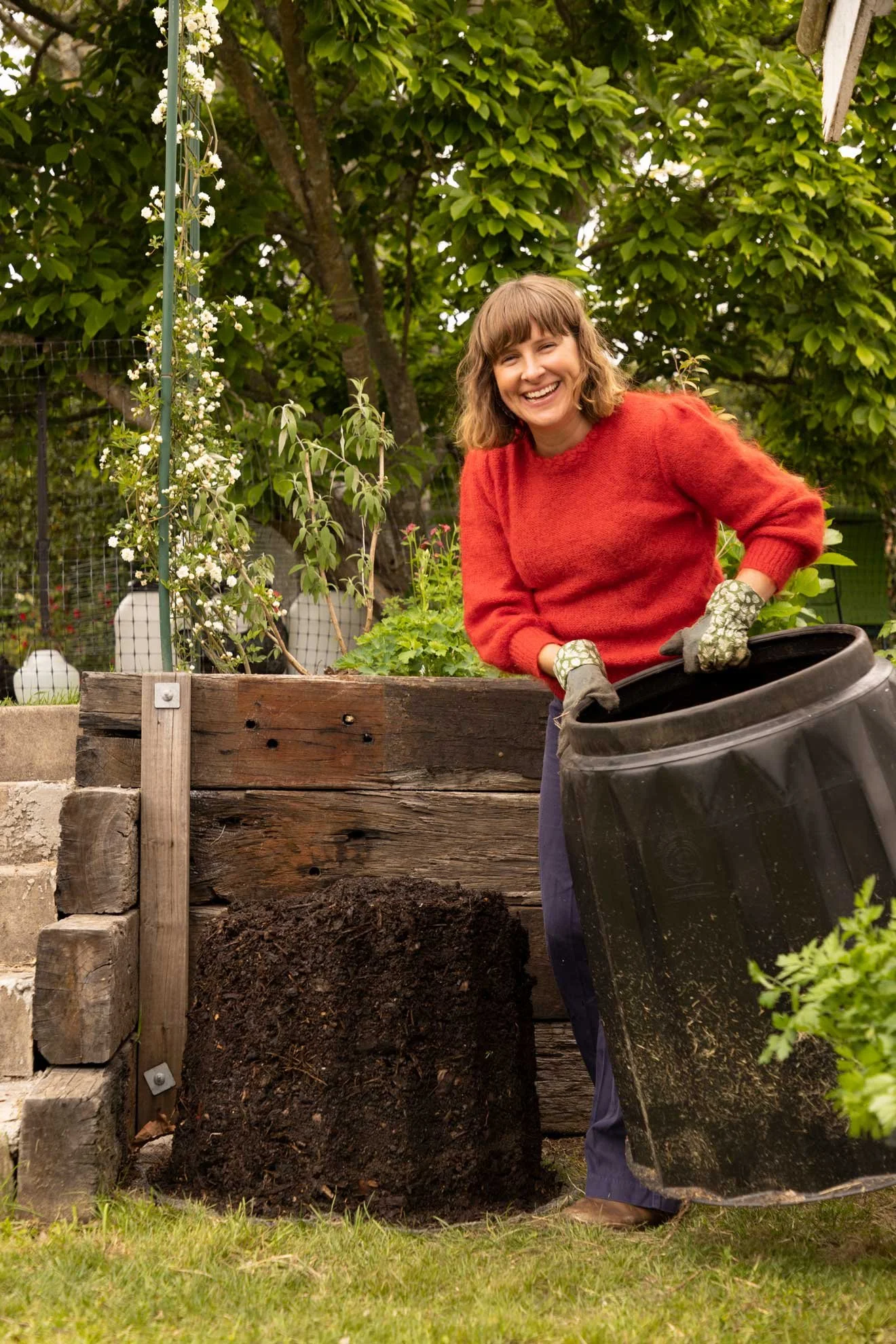 Photo of Compostable Kate showing finished compost bin 'Compost Coach Book' photographed by Honey Atkinson
