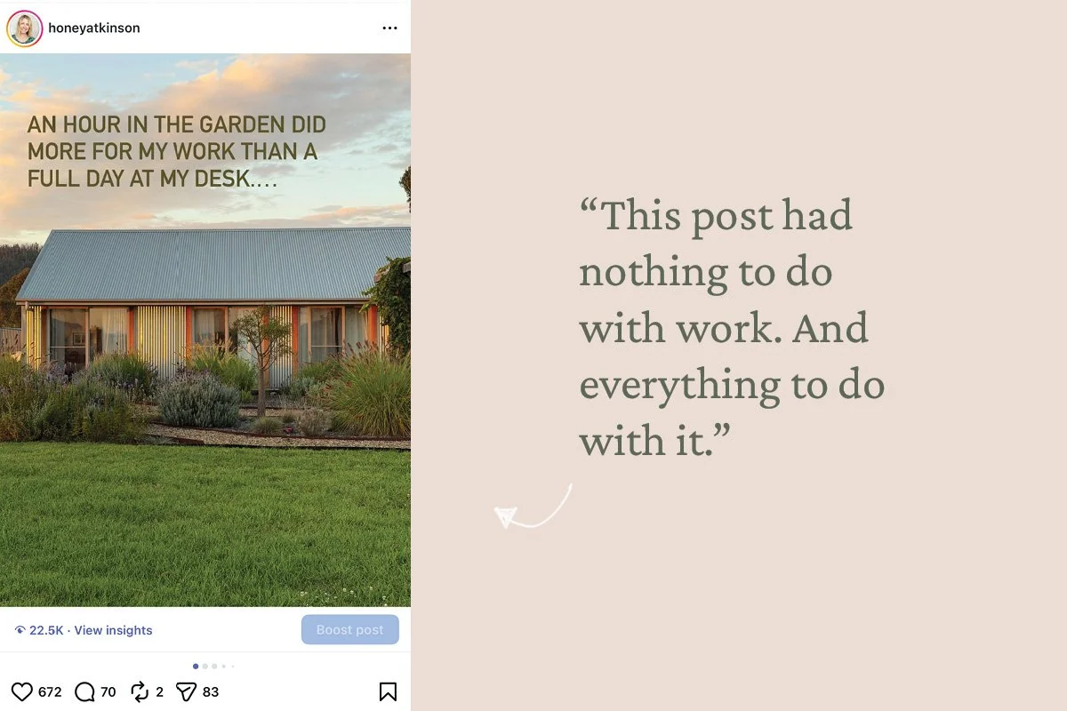 Screenshsot of a viral Instagram post by brand photographer Honey Atkinson showing a golden hour garden and home on the NSW Sapphire Coast.