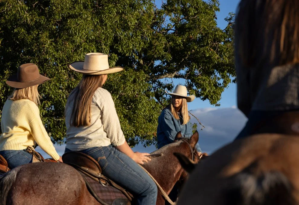 Personal brand photography for women in business, Sophie Gen and participant on horseback in evening light, Reins to Resilience Candelo NSW