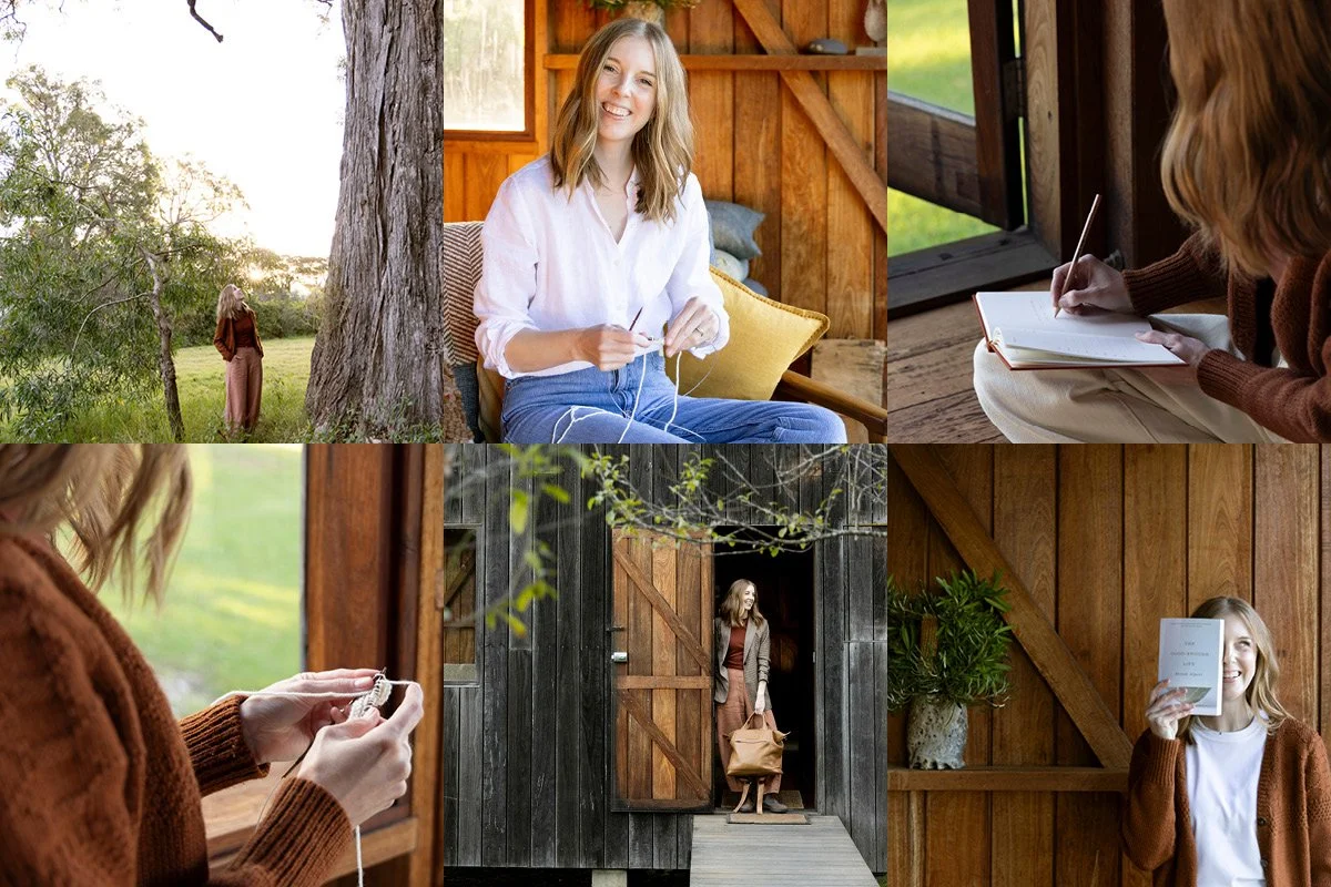 Grid of six personal branding photography images of a Canberra professional organiser, showing her knitting, journaling, holding her own book, and standing outdoors and in a doorway with her belongings