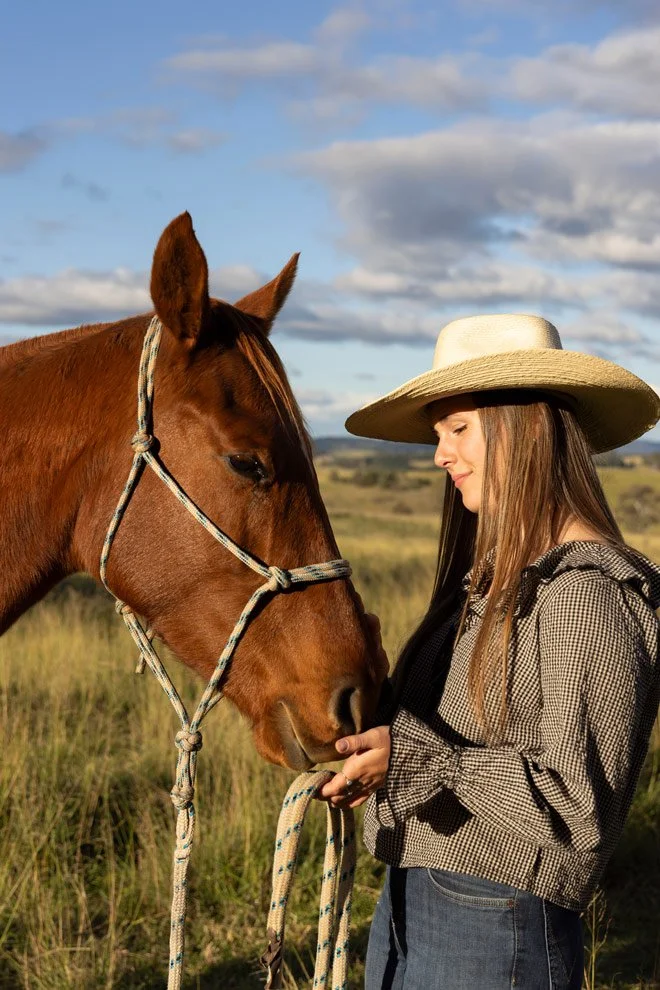 Personal brand photography for women in business, teen with horse at golden hour, Reins to Resilience equine resilience program Candelo NSW