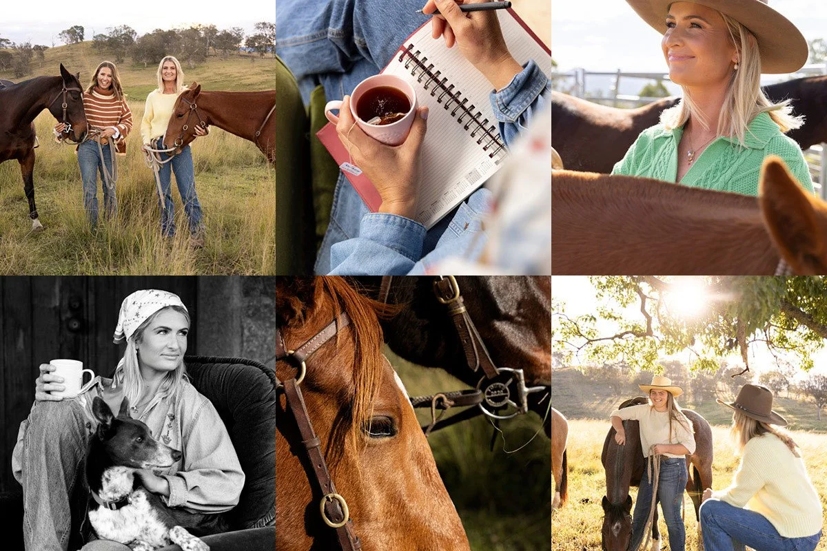 Grid of six personal branding photography images from a Brand Story Package shoot with Reins to Resilience, showing the founders with their horses, planning their work week and having a cup of tea
