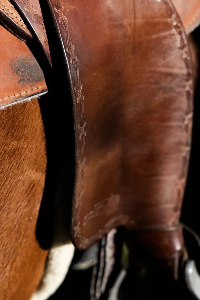Brand photography detail, leather saddle at Reins to Resilience rural property, Sapphire Coast NSW