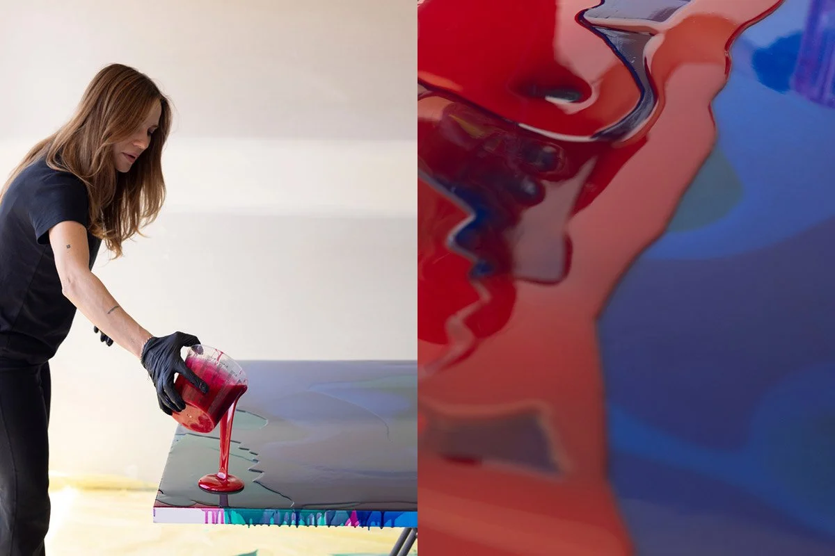 Two-up image of resin artist Adela during a hotel residency at Hillcrest Motel, Merimbula (Bega Valley), pouring red resin onto canvas, alongside a close-up of red and blue resin layered together
