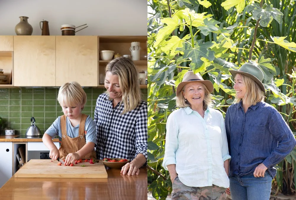 Personal branding photography showing everyday family moments, cutting strawberries with her son in the kitchen and standing with her mum in the garden under a fig tree
