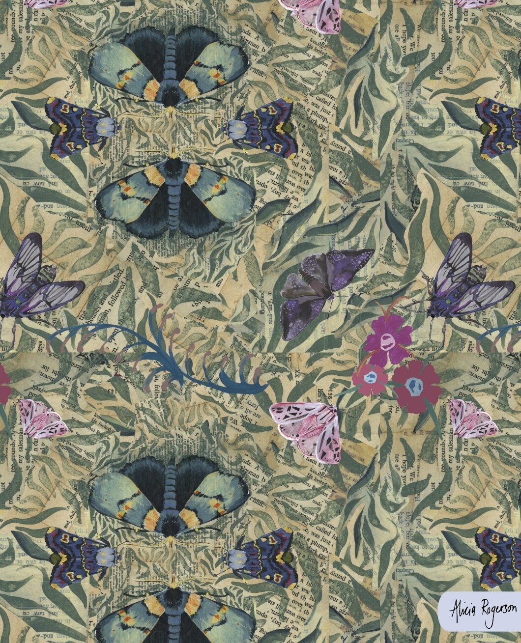 It is nice to be able to update the website + portfolios with new fresh patterns.  A few years back I had a go at a @Spoonflower challenge, creating this pattern. Inspired by moths, vintage books, kaleidoscopes and well.... it is very uniquely &quot;