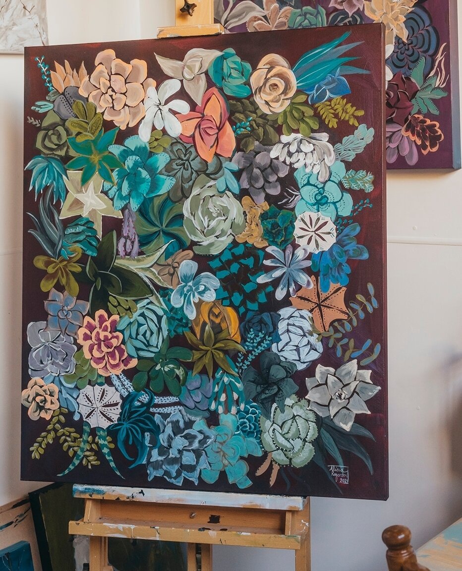 Moments like this bring me joy.  A finished canvas awaiting its new home.  This piece is titled &quot;Bring Lightness Forth&quot; and part of a series that explores the beauty of succulents. ⁠
⁠
Using a combination of colour, shapes and depth, each c