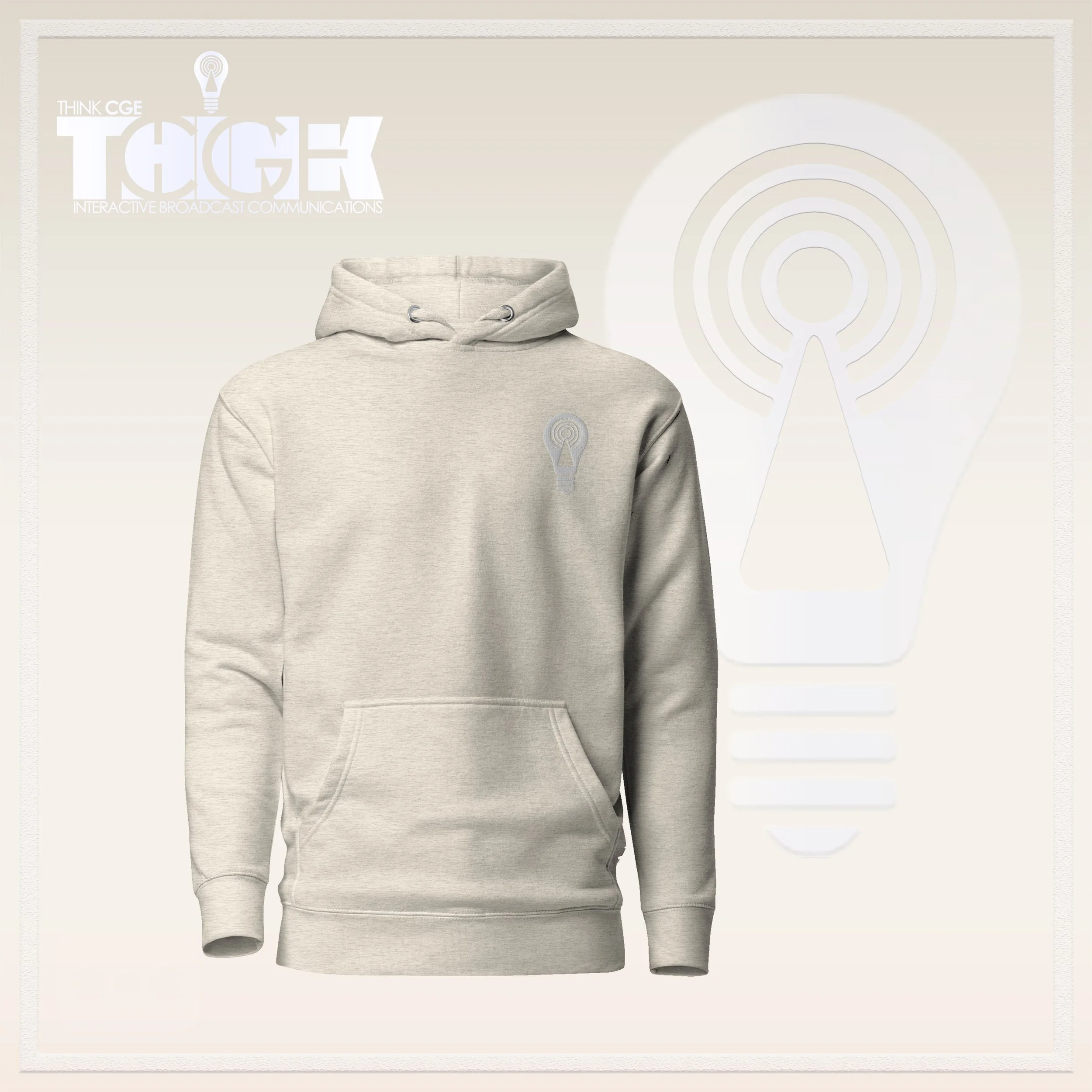 THINKCGE official ad oatmeal-heather Hoodie White Bulb.jpg