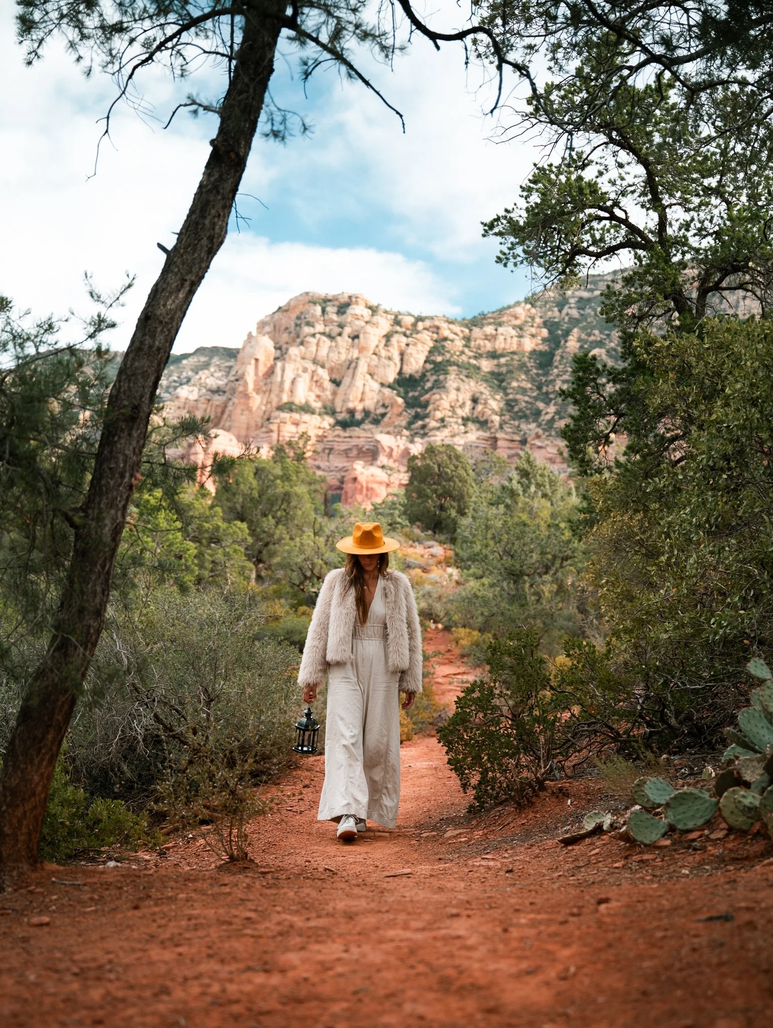 Woman walking through mountains with a lantern