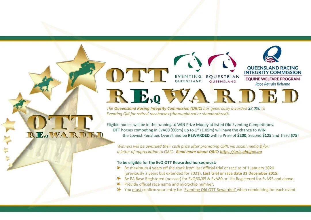 A feature of Warwick Horse Trials ODE on the 6th&amp;7th of March will be cash prizes for successful OTT horses utilising funds provided to Eventing Qld by the Qld Racing Integrity Commission (QRIC).

Qualified and registered horses from 1* to EvQ60 