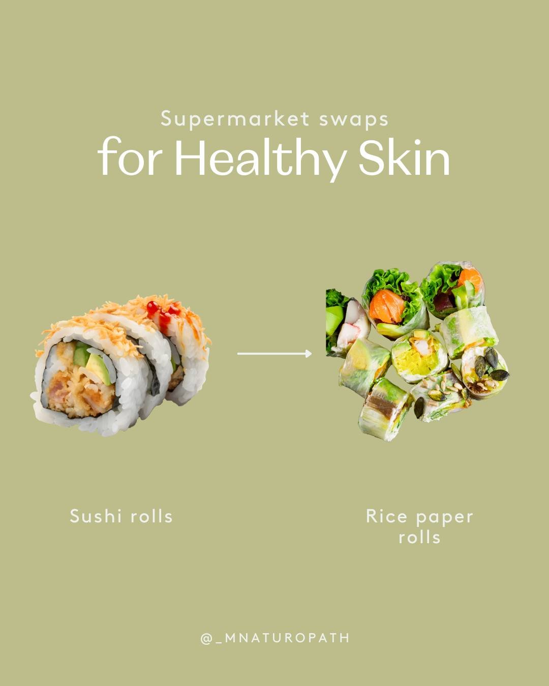 Struggling with skin? Try these quick and easy supermarket swaps&hellip; 🌱 

Swap your sushi for rice paper rolls! More nutrients and less carbs!

Swap your regular pasta for pulse pasta - contains resistant starch which feeds your gut microbes.
 Op