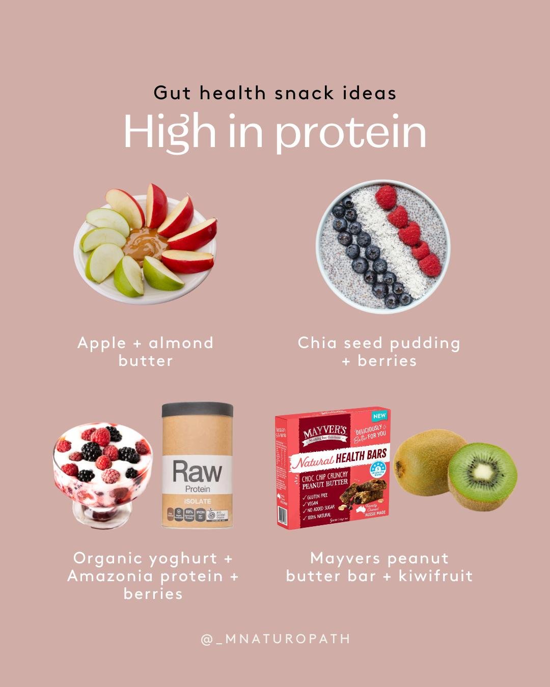 Hit SAVE on these gut health snack ideas high in protein to fuel your day ✨

Apple + Almond Butter 
Chia Seed Pudding + Berries 
Mayvers Peanut Butter Bar + Kiwifruit 
Organic Yoghurt + Amazonia Protein + Berries 

What&rsquo;s your favourite gut-lov