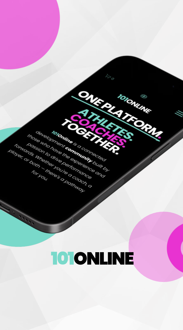 Smartphone displaying the homepage of 101 Online, a platform for athletes and coaches to connect and collaborate, with colorful abstract background elements.