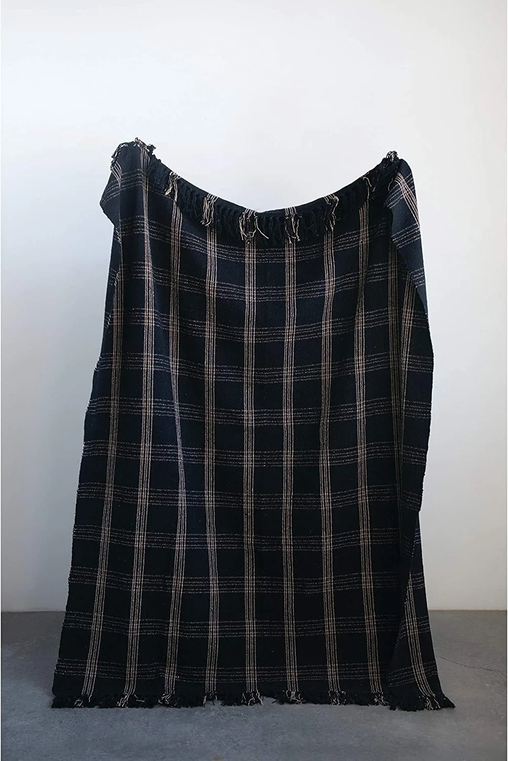 Plaid Black & Tan Fringed Woven