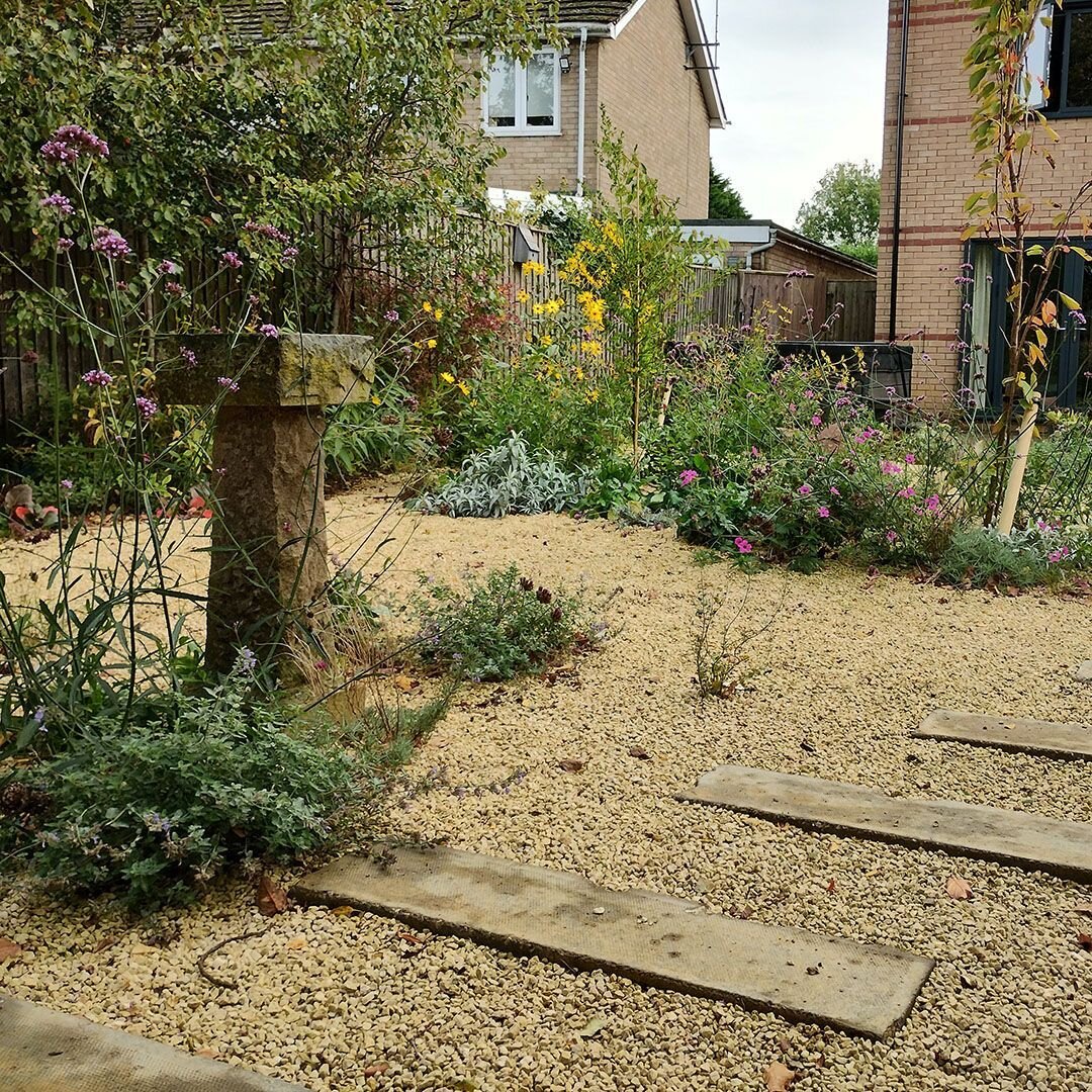 This Environmentally Responsible Cambridgeshire Gravel Garden was planted earlier this year.  Whilst we were satisfied that we created a beautiful garden for the client to enjoy (and in which to hang out washing!) we also managed to hit some importan