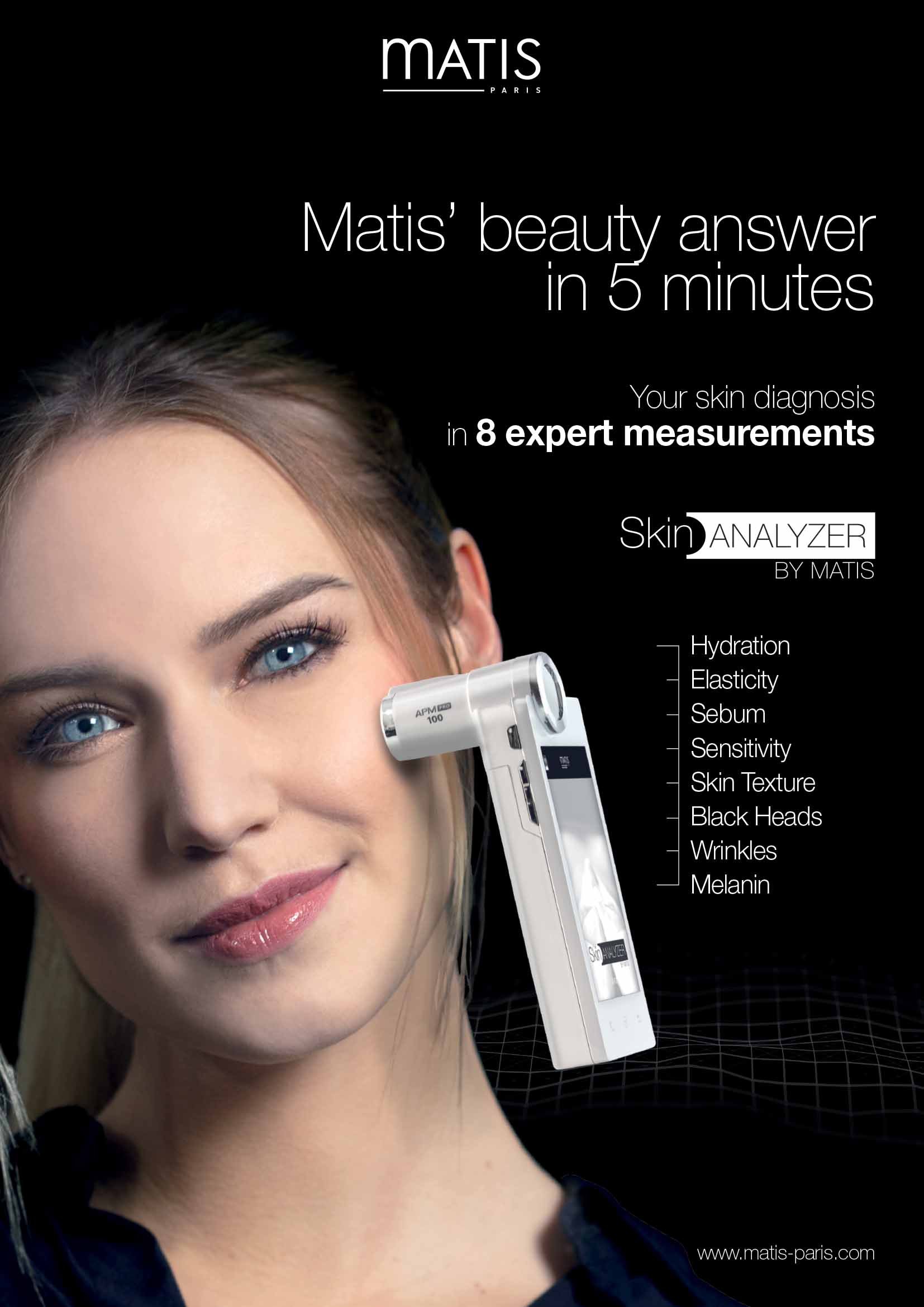 Matis Skin Analyzer for Matis facials in Mortimer. Ability to diagnose skin in five minutes with eight expert measurements including hydration, elasticity, and melanin.