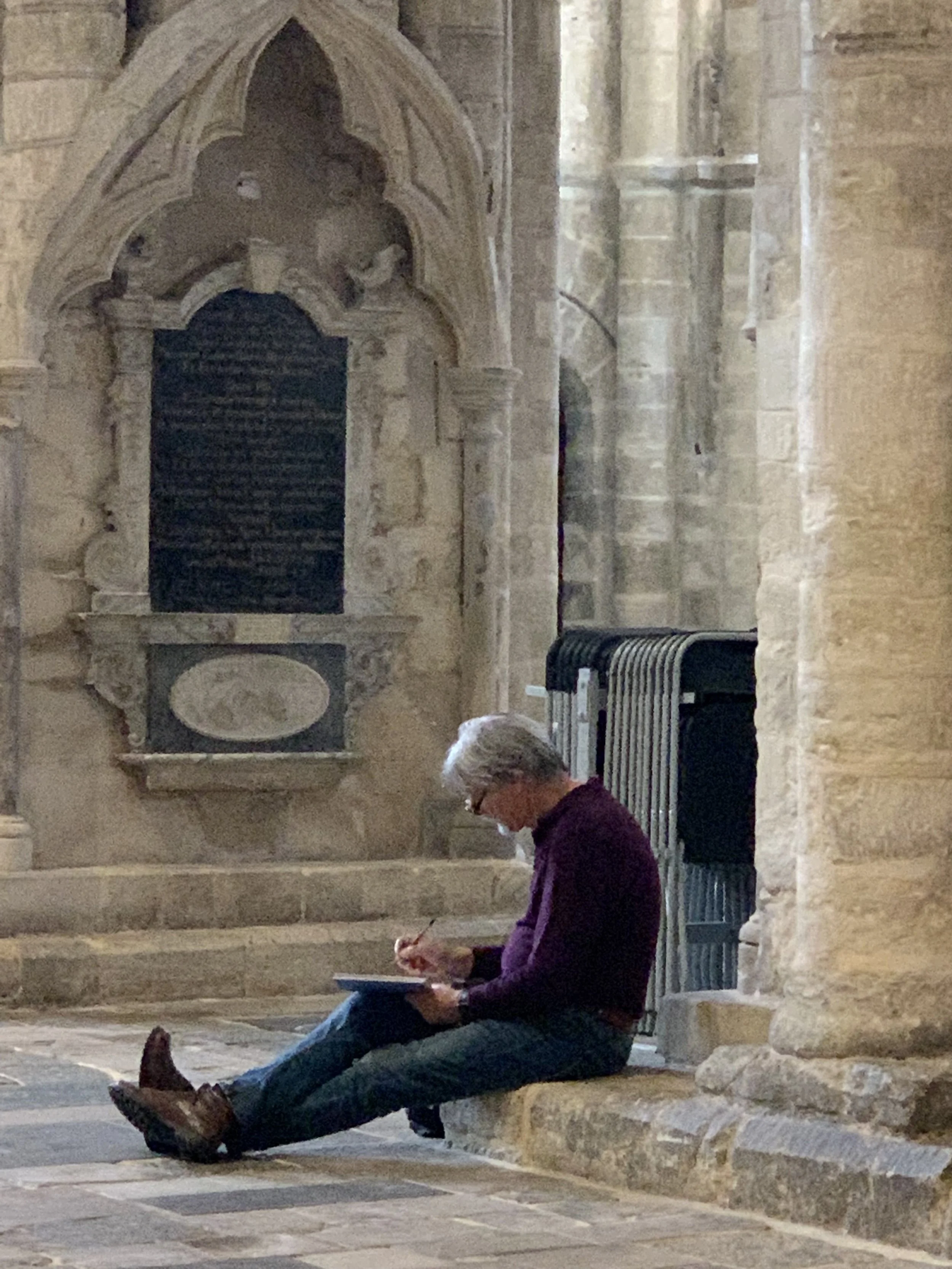 Paul Sharrock drawing in Winchester Cathedral.