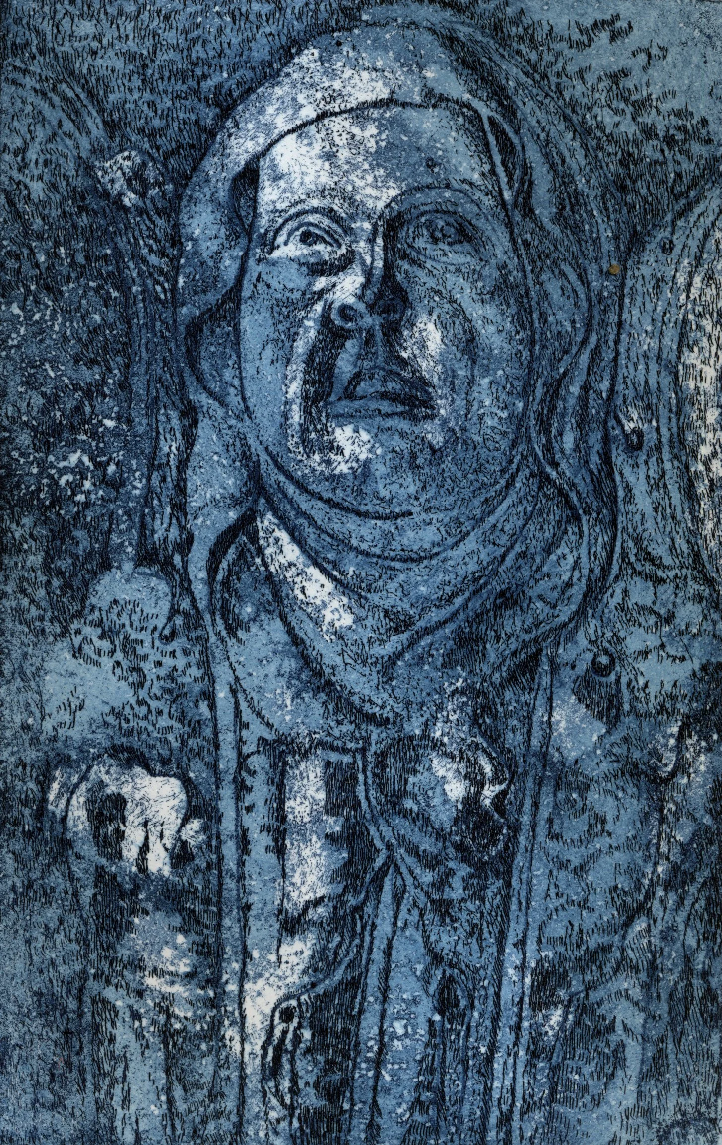 A detailed blue-toned drawing of a person with long hair, a head covering, and a high collar, with expressive facial features.