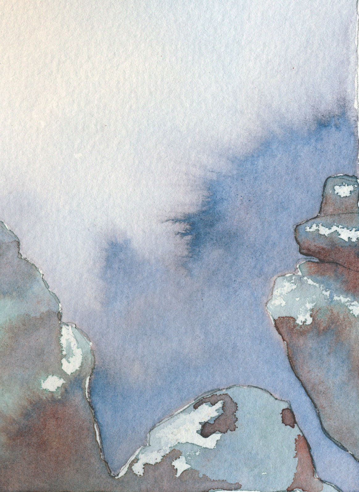 Watercolor painting of rocks with snow on top and a cloudy sky in the background.