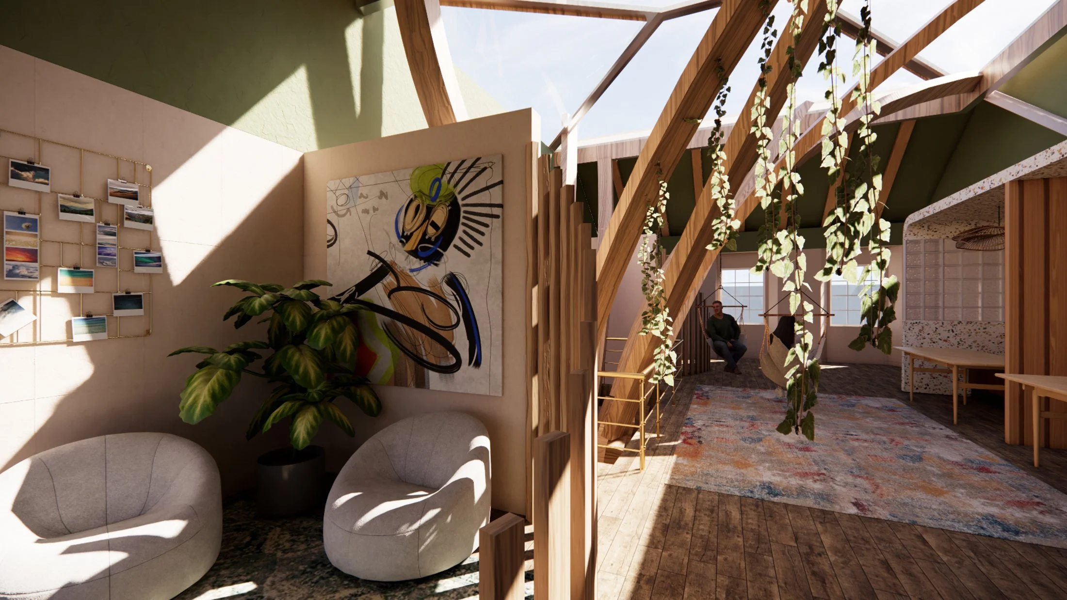 Cozy Corner – A corner hidden away on the top floor for quiet, comfy working