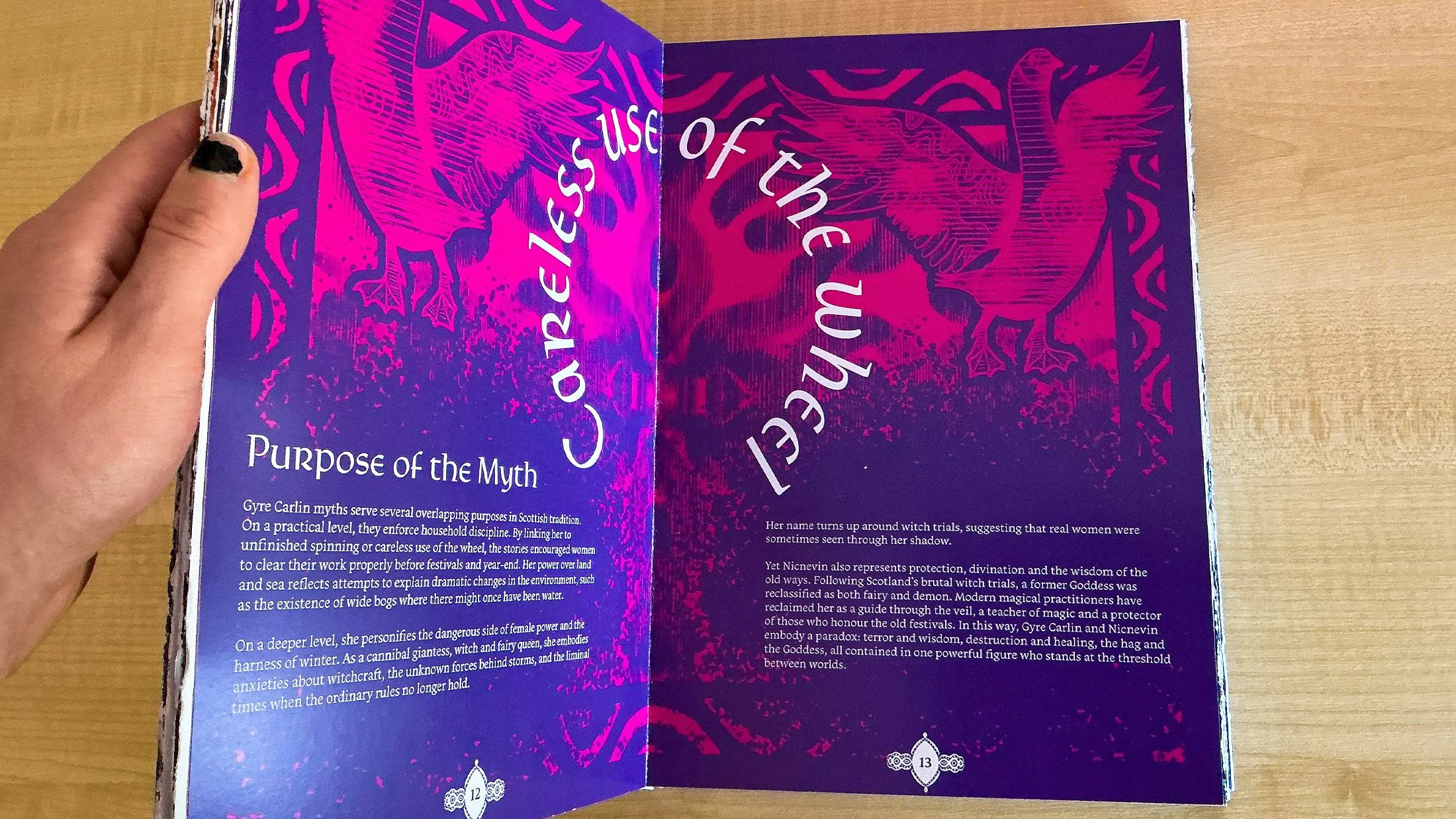 Page spread of the Gyre Carlin explaining the purpose of her myth, featuring illustrated geese and text in the shape of a wheel.