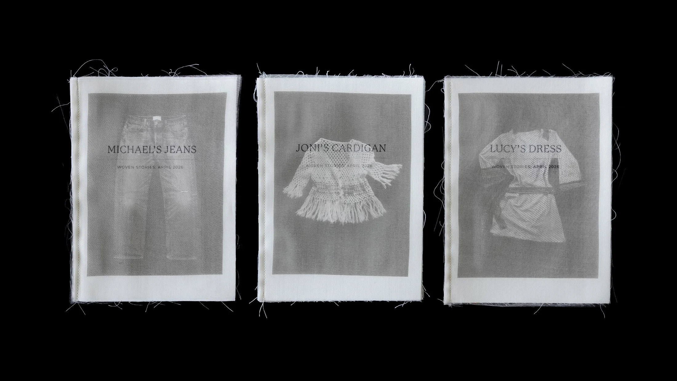 Three Woven Stories books printed onto fabric.