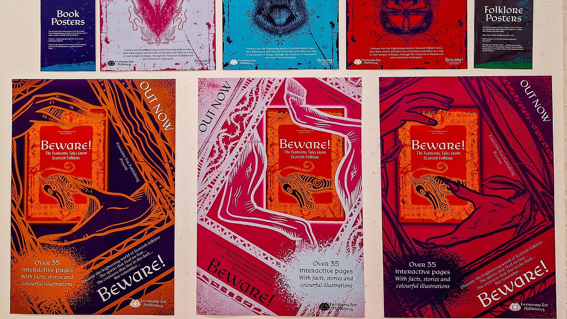 The series of colourful posters promoting the Beware! book, featuring some of the folklore creatures and plenty of illustrations.
