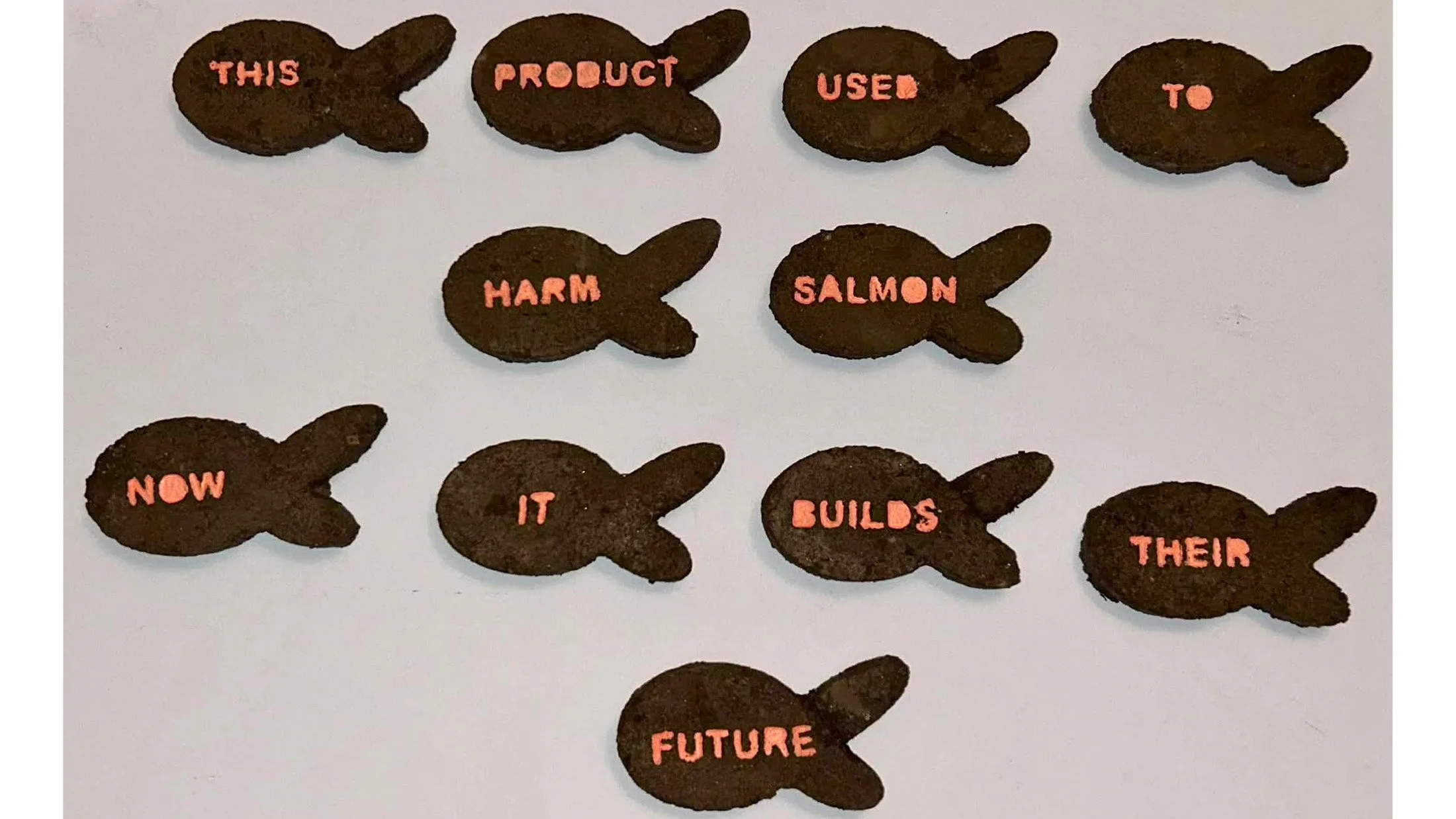 Handheld fish-shaped piece cast from reclaimed sea-lice composite with painted embossed lettering.