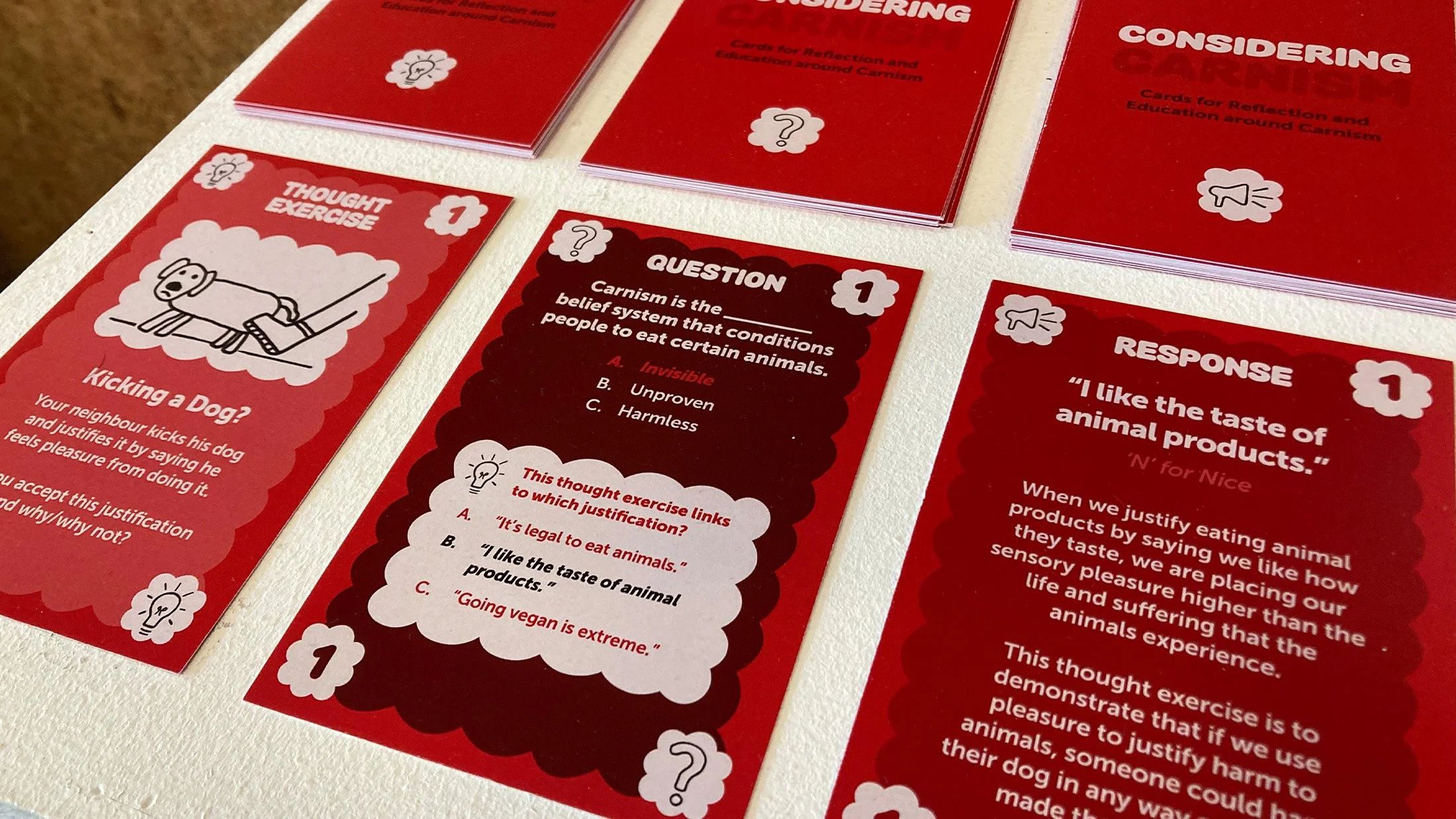 The ‘Cards on Carnism’ resource uses three types of card – Thought Exercise, Question and Response – to prompt reflection and inform.