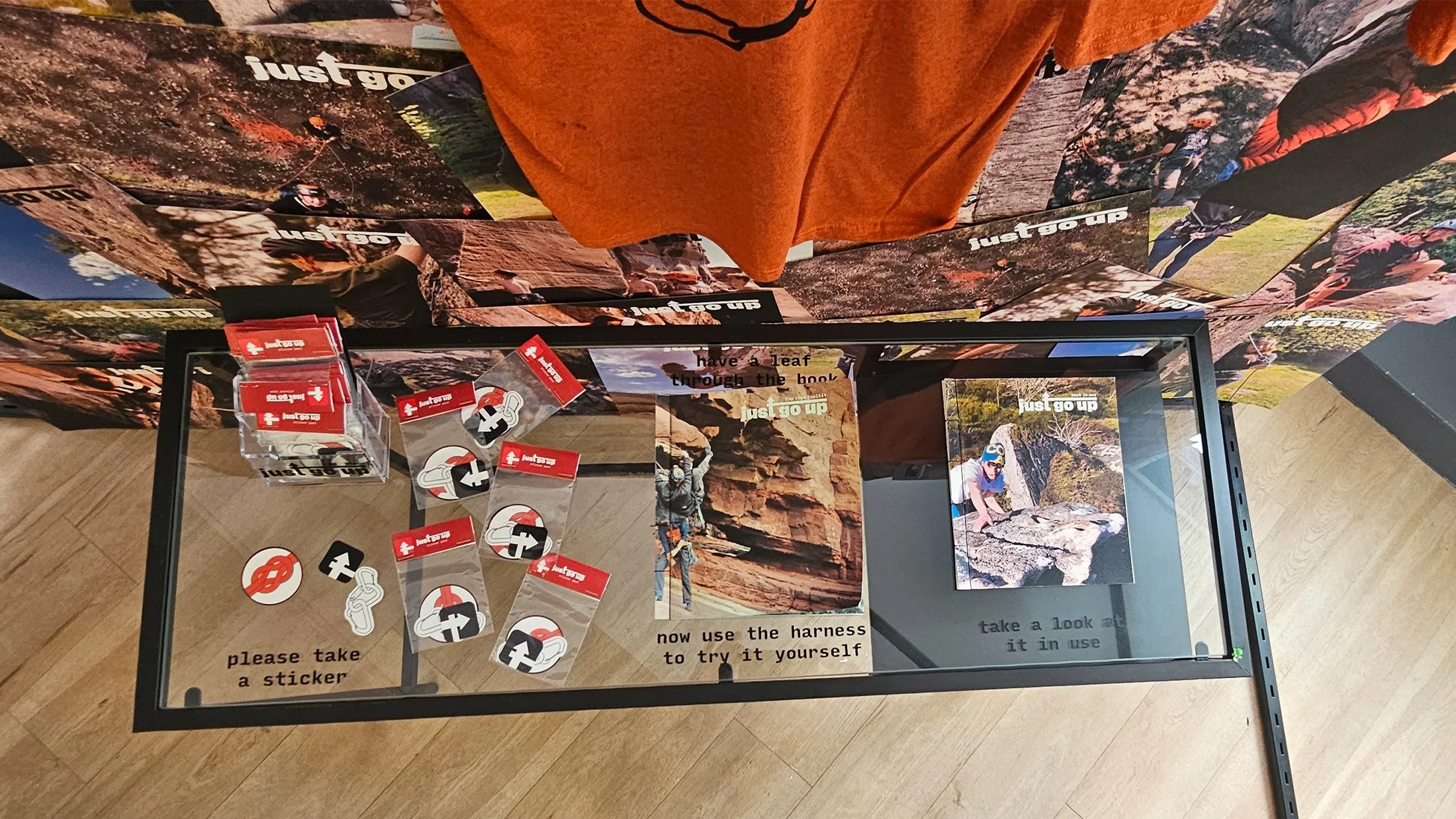 Degree show set up - detailing the book, stickers and a photo book from my product testing.