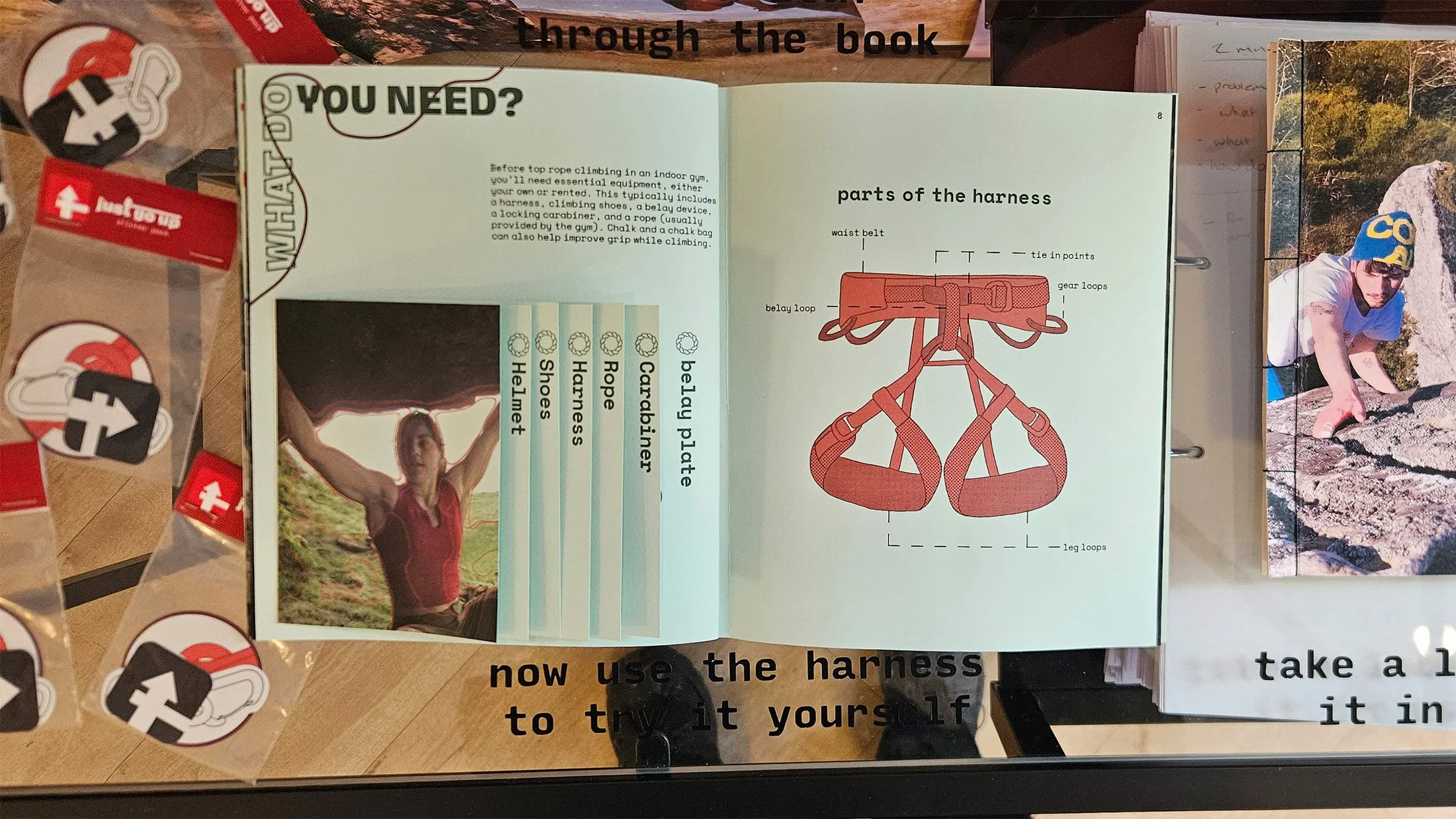 A spread from the book detailing the equipment a new climber will need to get started.
