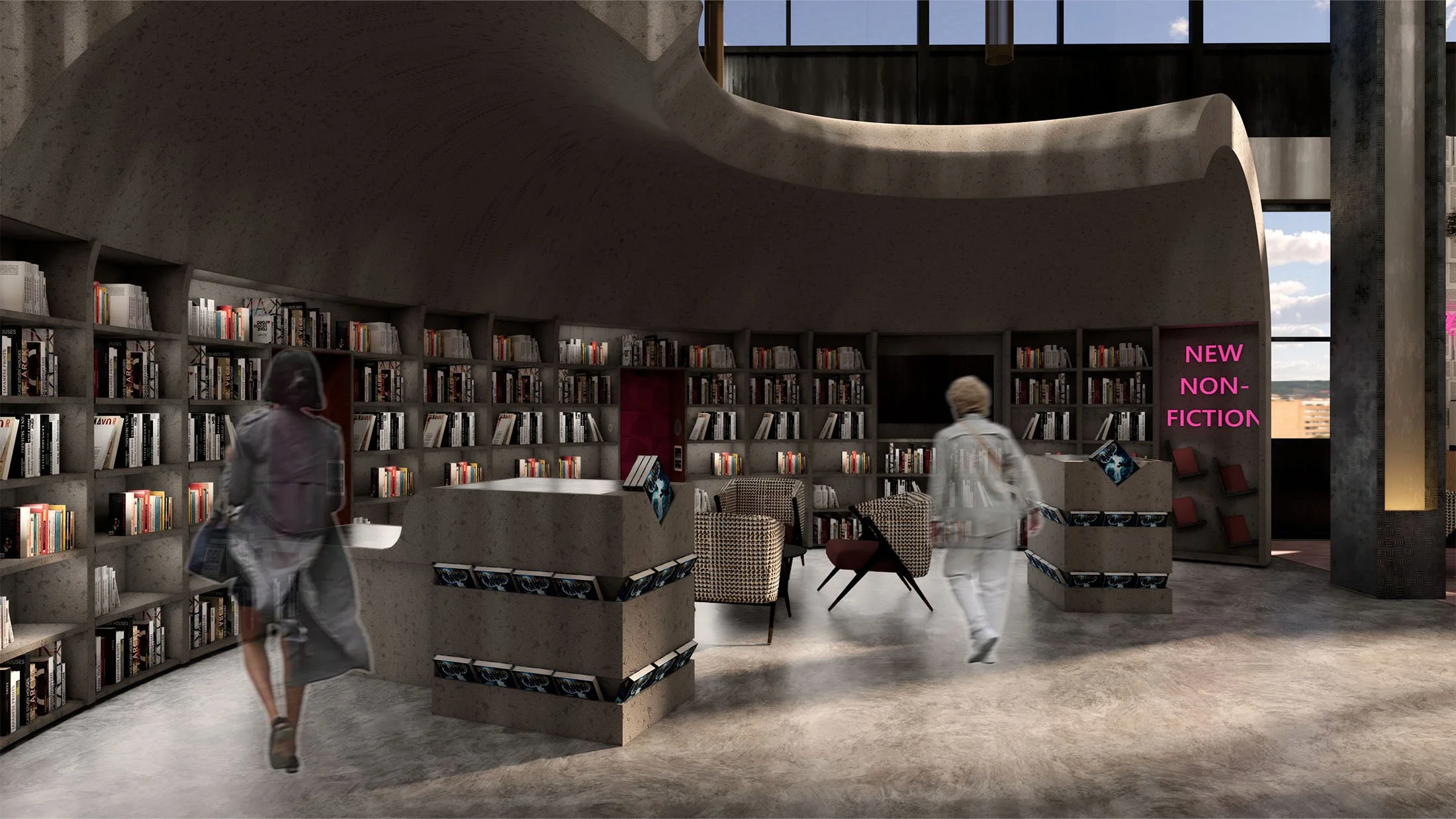 View of Curved Bookcase and Interactive Tables – 5th Floor