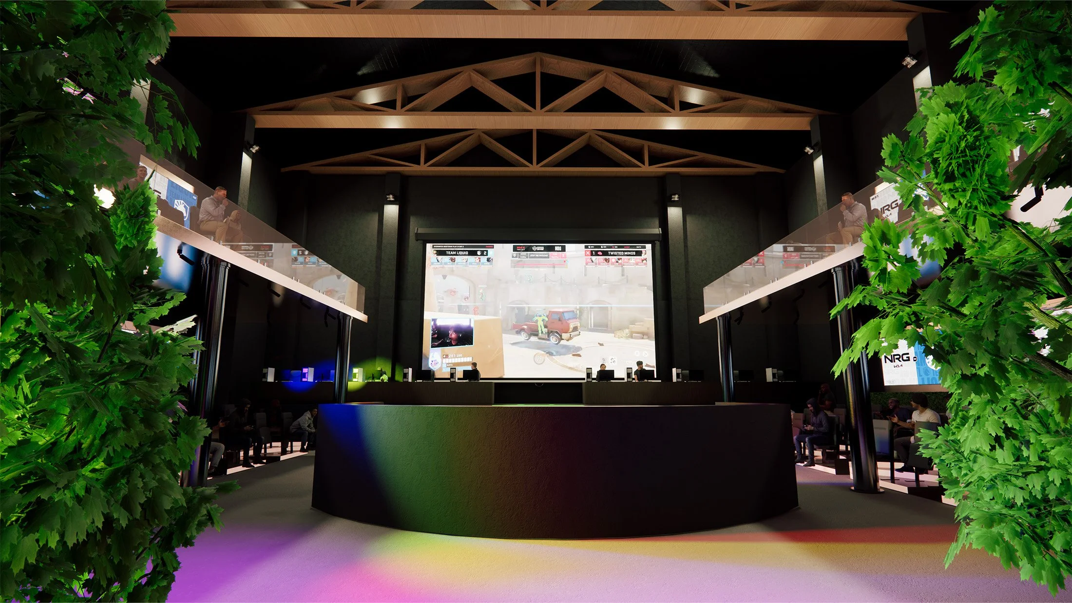 Visual of main entrance into stadium space, entering through a double height copper sliding door, inviting all participants & viewers alike into the main event space.
