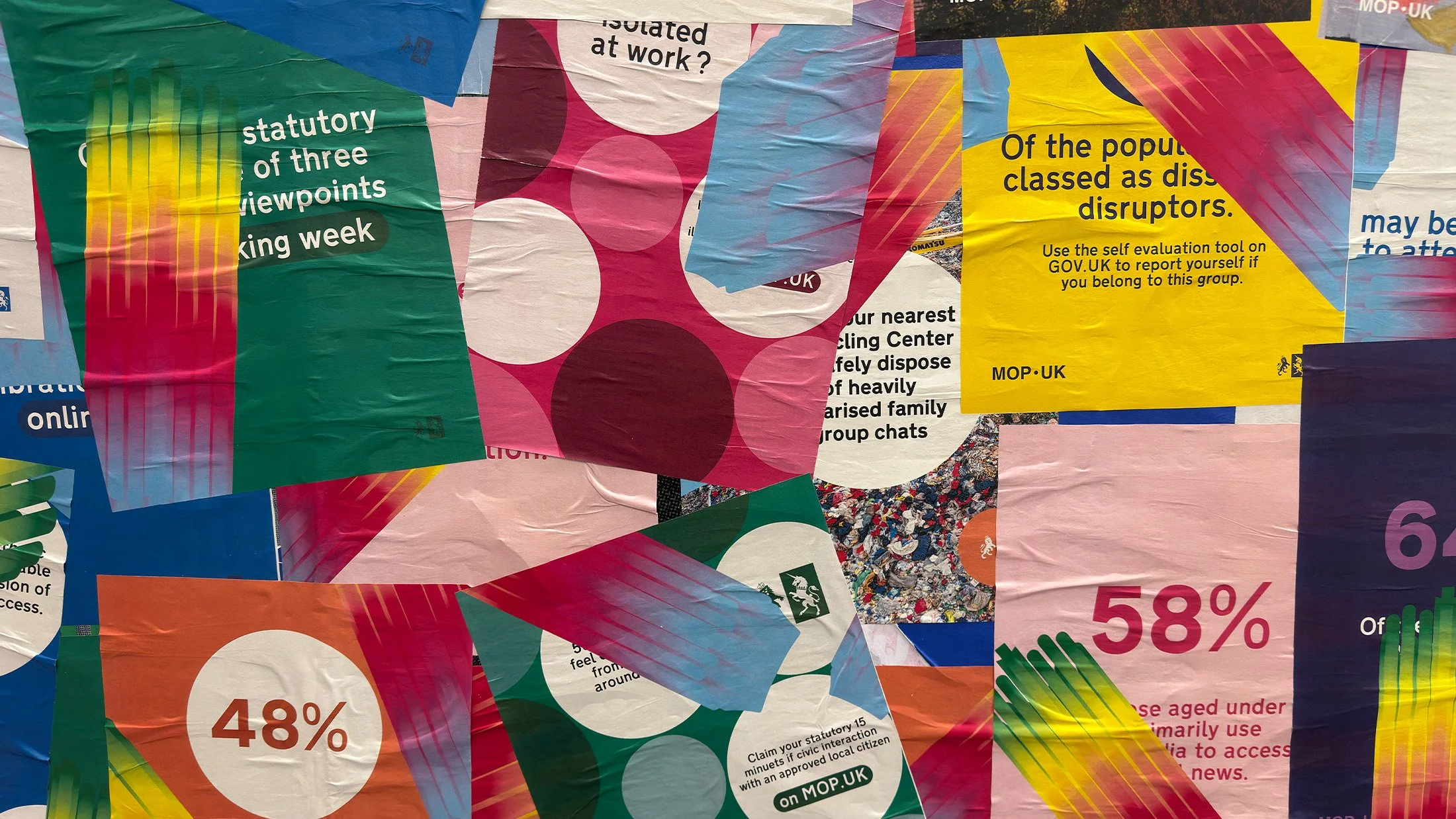 A closer look at the disrupted posters. By adopting a psychedelic, vapourwave aesthetic - complete with a distorted crown and clashing, dripping colours - I aimed to visually reflect the surreal and chaotic nature of modern societal division.