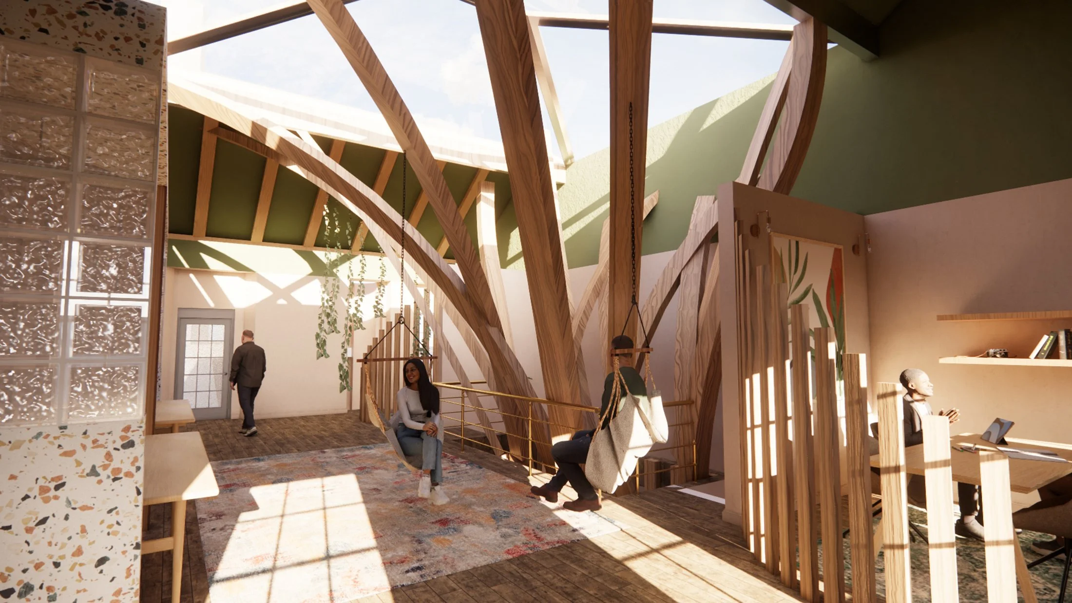 Solo Working Zone – The top floor where the major space blossoms to “hold” the skylight and create a playful and freeing atmosphere.