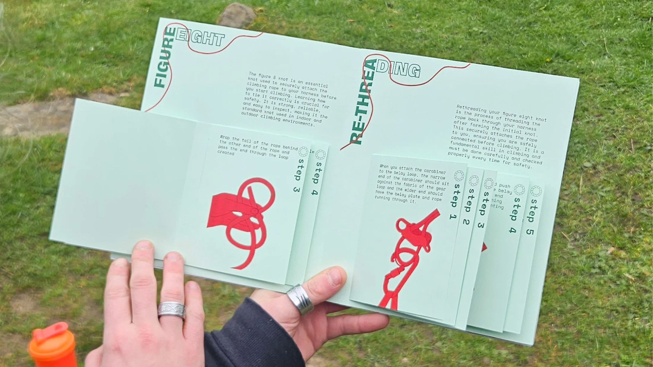 An inexperienced climber using the book to tie in for the first time.