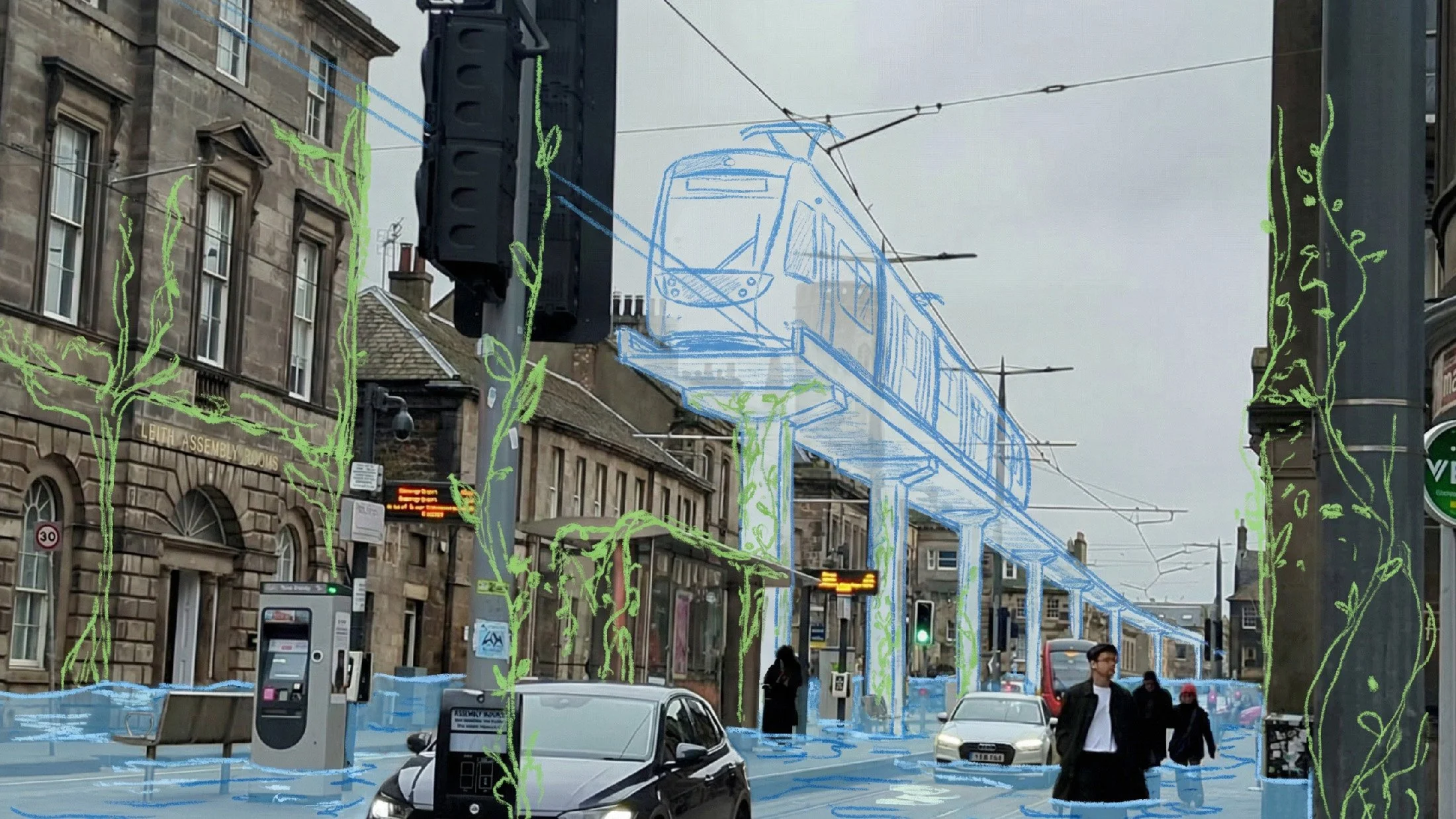 Flooded tramlines in Leith, turning a workshop imagining into a rendered glimpse of an adapted future.