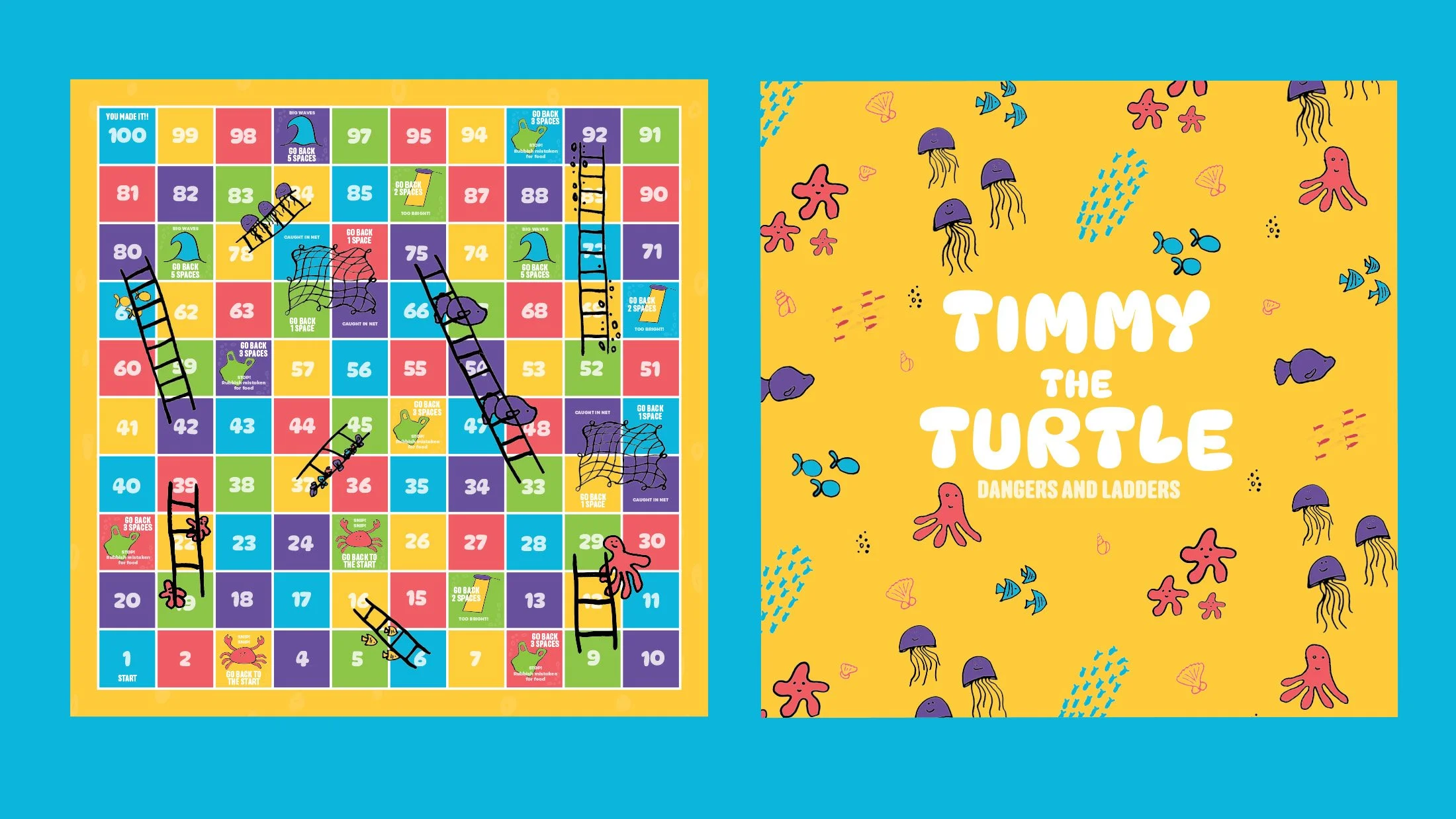 Timmy the Turtle: Dangers and Ladders allows you to play against opponents while facing dangers that may make you take steps back or find ladders giving Timmy a boost to help reach the ocean.